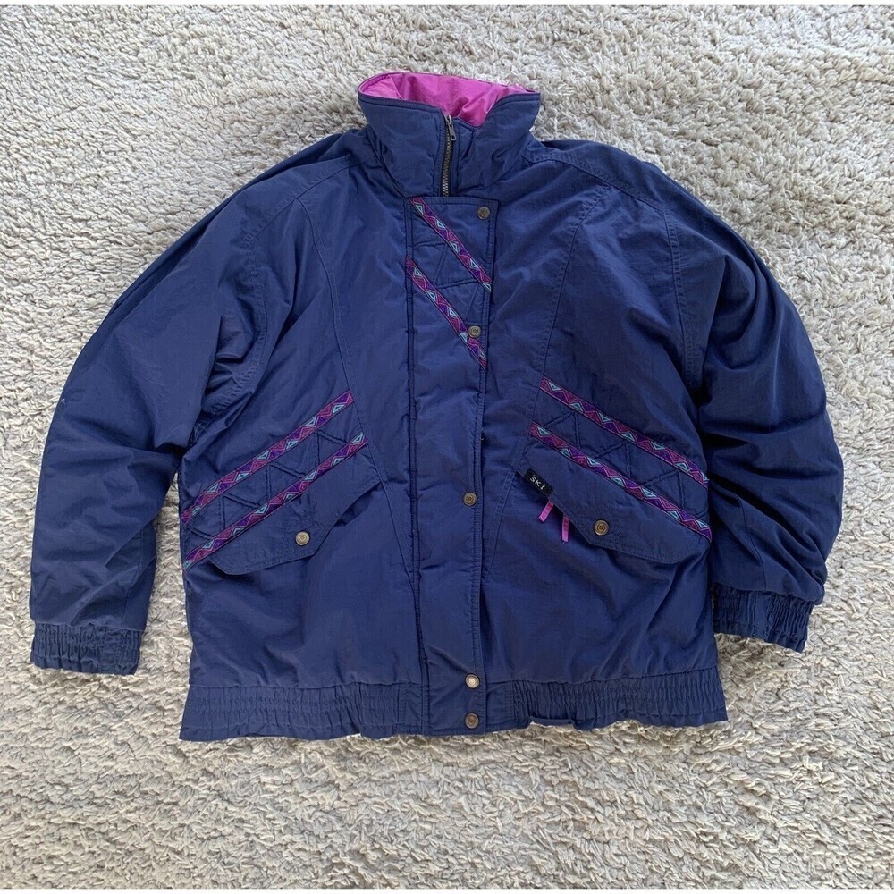 BOGO Vintage SKI Brand Jacket Navy Purple Pattern Striped Nylon Bomber Women Lrg